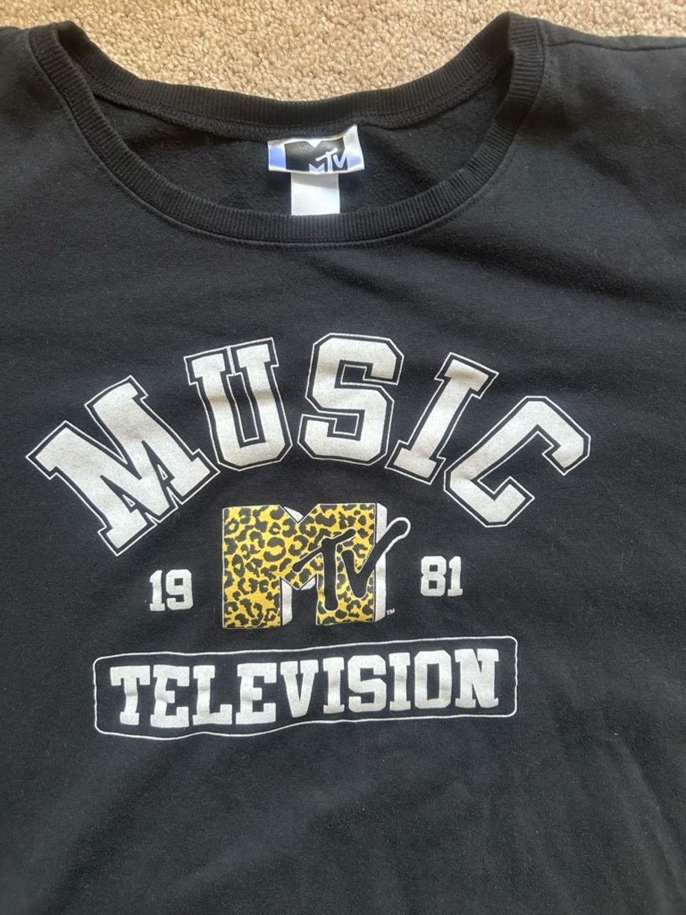 MTV Black Off Shoulder Sweatshirt with Yellow Leopard 'M' Graphic
